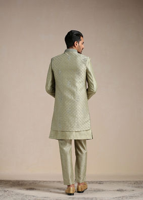 Lime Cream Green Self Embroidered Indo Western Set image number 3